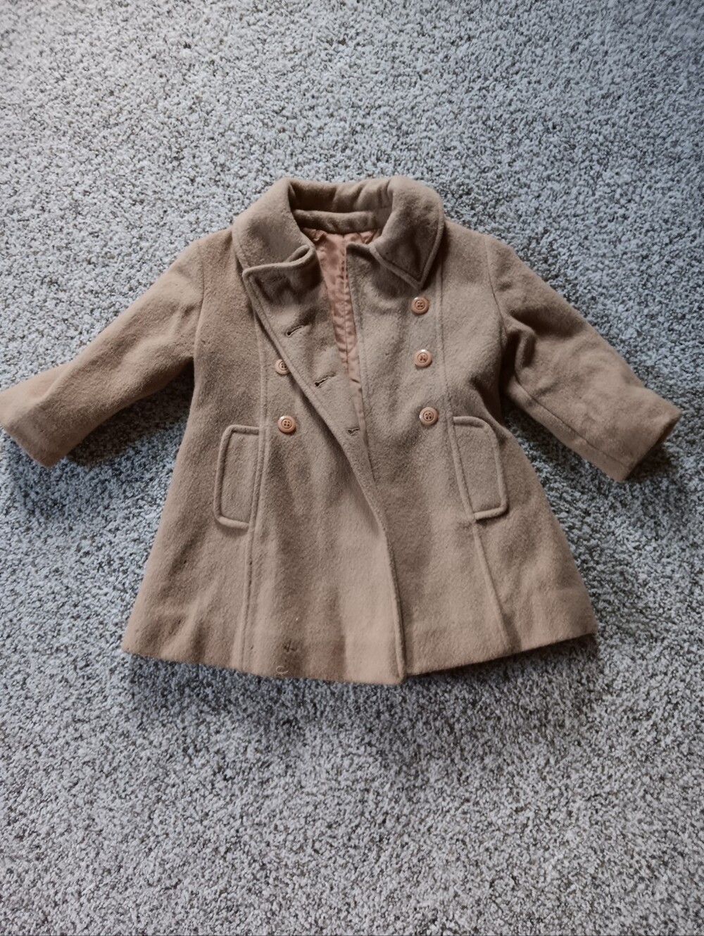 VTG 60s Tan Rothschild Double Breasted Coat 4T Wool Antique USA Union Mark